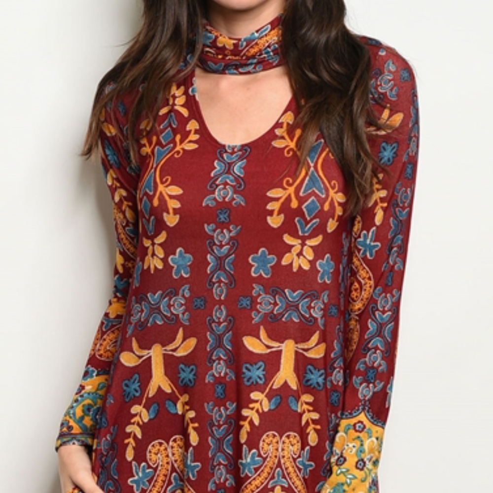 WINE MUSTARD PRINT DRESS - Picture 2 of 8